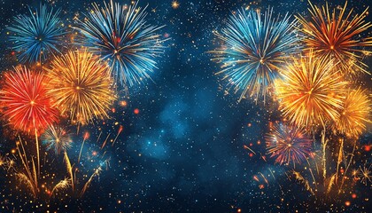 Vibrant fireworks illuminate the night sky in festive colors, ideal for Thanksgiving and Halloween celebrations, perfect for invitations or social media posts.