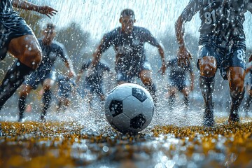 Players kick a soccer ball in the rain during a competitive match