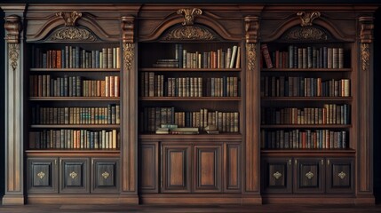 Classical Wooden Bookcase Filled with Books Against Dark Background. AI generated illustration