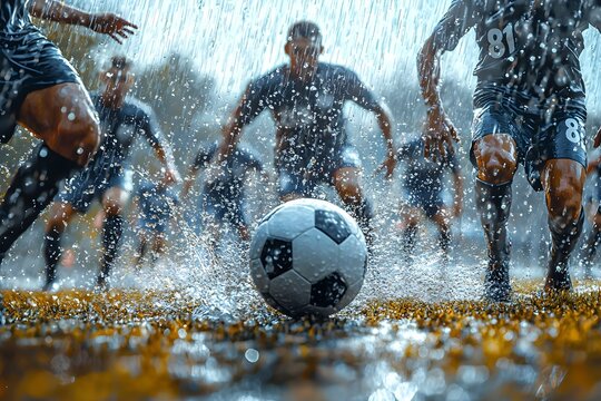 Fototapeta Players kick a soccer ball in the rain during a competitive match