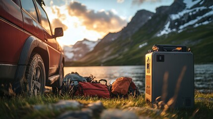 Close-Up of Off-Grid Power Source Next to Red SUV at Sunset. AI generated illustration