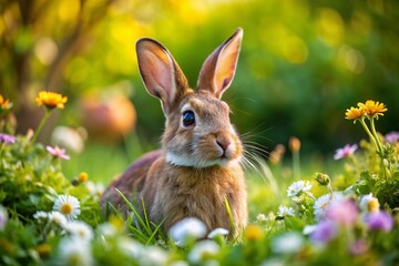 Fototapeta premium Adorable California Rabbit Breed Posing in a Natural Setting with Lush Green Grass and Flowers