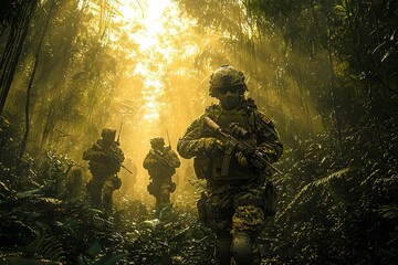 Fototapeta premium Soldiers navigating through dense jungle foliage during golden hour