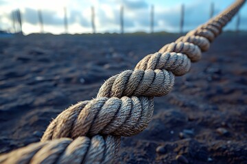Fototapeta premium Close-up of a thick twisted rope on sandy ground at sunset