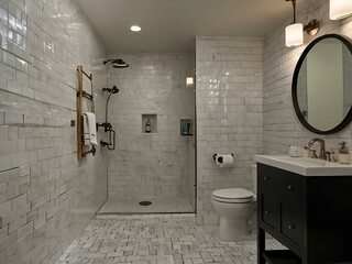 Compact contemporary bathroom with sleek fixtures and subway tile.