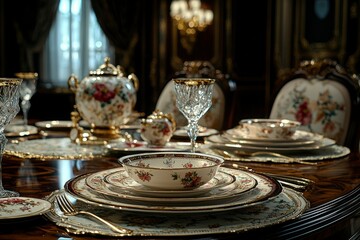 Fototapeta premium Elegant Porcelain Dinnerware Set with Gold Accents on a Polished Wooden Table