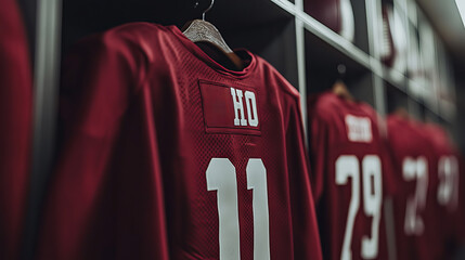 Close-up of Football Jerseys in Locker Room