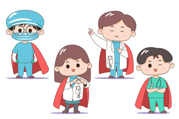 A set of four cartoon healthcare professionals with superhero capes, promoting healthcare and medical heroism.