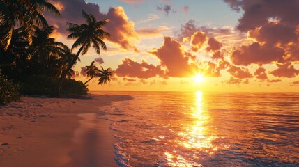 Stunning sunset over a calm beach scene. Warm golden light, relaxation