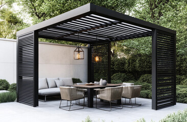 Black pergola with persimmon-colored slats, black outdoor table and chairs under the gazebo