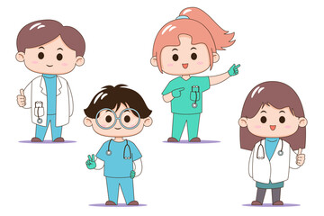 A colorful illustration of a diverse cartoon medical team with four members, each displaying a friendly demeanor. vector illustration.