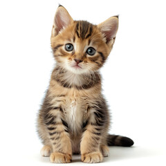 Obraz premium An adorable tabby kitten with captivating blue eyes sits attentively on a white background. Perfect for pet-related content, advertising, or websites