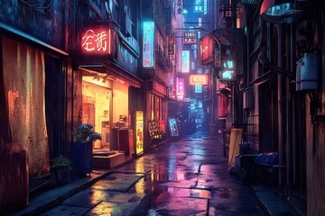 Cyberpunk Street in Tokyo at Night with Neon Signs. AI generated illustration