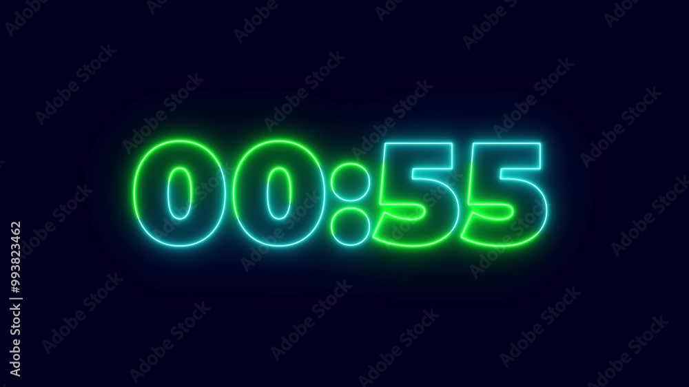 Poster neon light 60 seconds countdown animated. neon countdown timer.