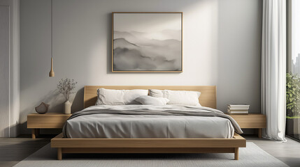 Airy minimalist bedroom with soft gray tones, a natural wood bed frame, and a single piece of art above the headboard.