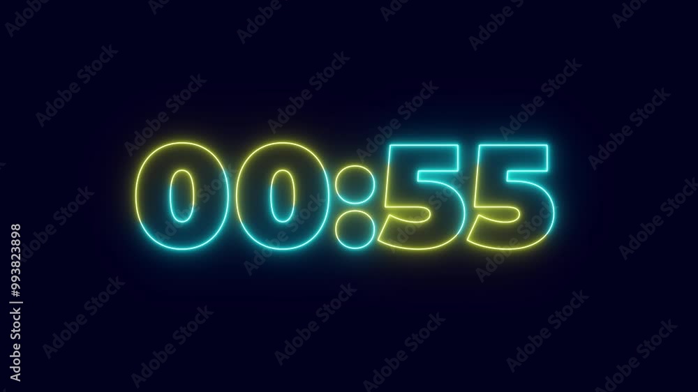Poster neon light 60 seconds countdown animated. neon countdown timer.