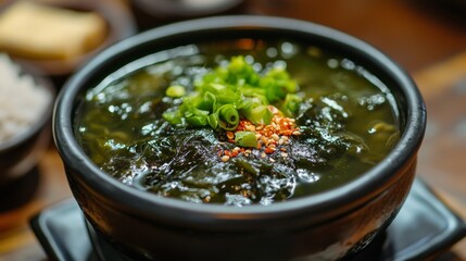 Closeup of a bowl of seaweed soup with green onions and spices. Traditional Korean dish.