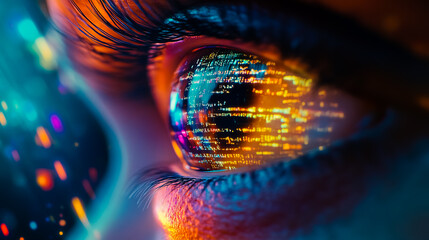 Close-up of a professional's eye reflecting holographic data and code.