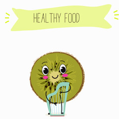 Kiwi character, tropical exotic fruit, vector isolated food icon, funny character. Hand drawn vector.