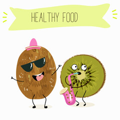 Kiwi character, tropical exotic fruit, vector isolated food icon, funny character. Hand drawn vector.