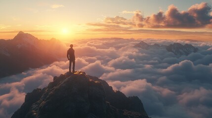 Man Standing on Mountain Top at Sunrise, Feeling Success. AI generated illustration