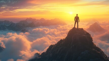 Man Standing on Mountain Top at Sunrise, Feeling Success. AI generated illustration