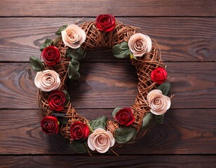 Top view of Springtime wreath with red and pink roses on wooden background