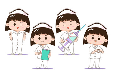 Vector illustration of four cartoon nurse characters in different poses with medical equipment, isolated on white background.