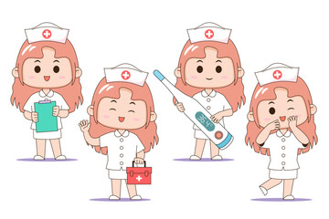 Vector illustration of four cartoon nurse characters in different poses, featuring medical uniforms and equipment.