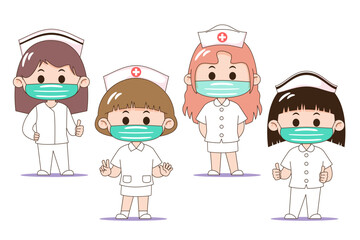 A set of four cartoon healthcare workers with masks, showcasing diversity in uniforms and hairstyles, ideal for medical-themed designs.