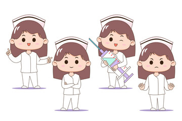 Vector illustration of four cartoon nurse characters in different poses, showcasing a range of emotions and actions, ideal for medical-themed designs.