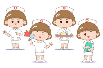 Vector illustration of four cartoon nurse characters in different poses, with medical attire and cheerful expressions, isolated on white background.