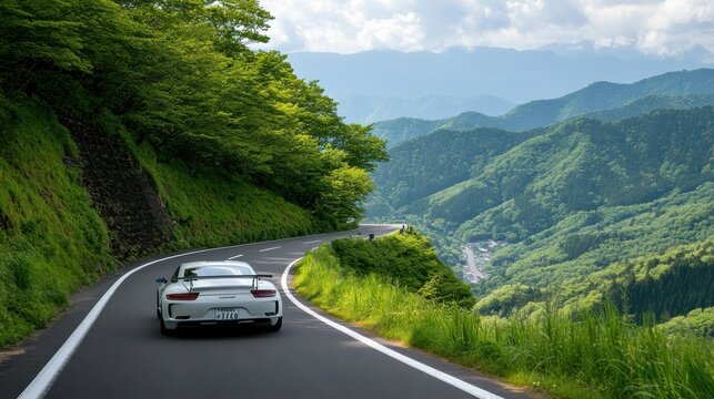 Winding Mountain Road with Car at Sunset