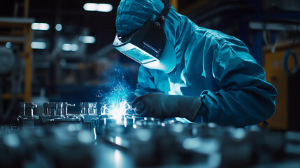 Worker in Protective Suit Welding with Gloves