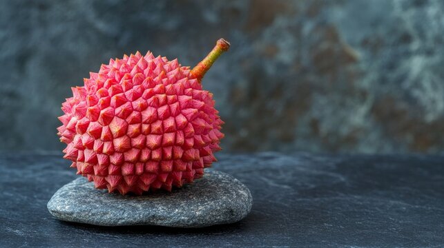 Juicy lychee fruit on a dark background. A single lychee rests on a gray stone. A colorful pattern of lychees.
