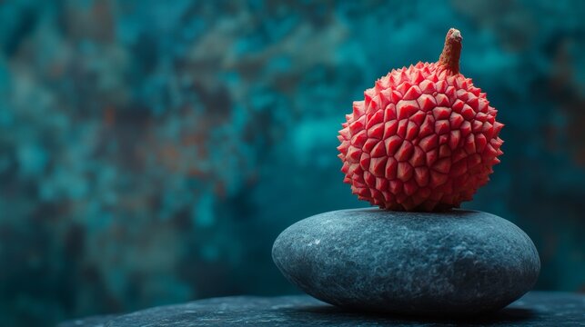 Juicy lychee fruit on a dark background. A single lychee rests on a gray stone. A colorful pattern of lychees.