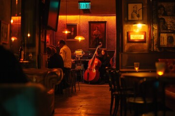 Musician playing double bass in jazz club with warm lighting