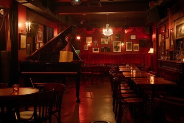 Grand piano standing in an empty jazz club