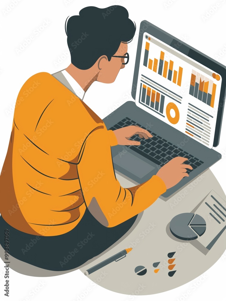 Poster businessman analyzing data on laptop with charts and graphs