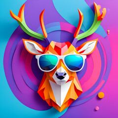 illustration of deer animal mascot head with sunglasses on the abstract background.	