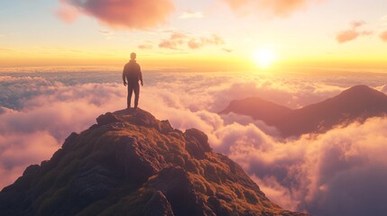 Man Standing on Mountain Top at Sunrise, Feeling Success. AI generated illustration