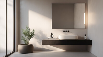 Fototapeta premium Bright minimalist bathroom with large mirror, white sink, and sleek black fixtures. Neutral color palette and soft natural light