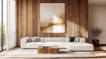 Modern Living Room with White Sofa and Abstract Art. AI generated illustration