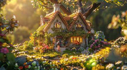 Fototapeta premium A cinematic shot of an old house in the countryside with children playing outside, tiltshift photography, springtime, flowers, green grass, colorful.