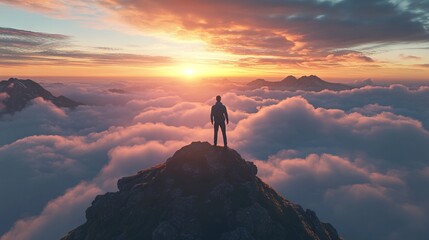 Man Standing on Mountain Top at Sunrise, Feeling Success. AI generated illustration