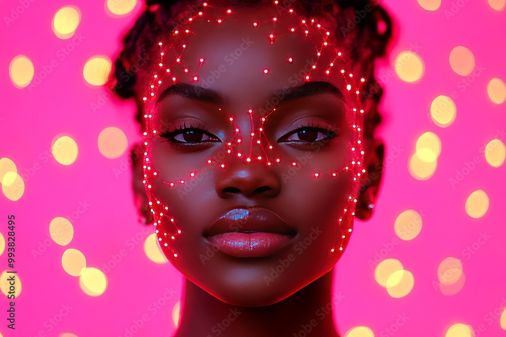 Poster womans face overlaid with digital facial recognition points and pink light symbolizing biometric tec