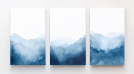 3 watercolor blue and white gradient abstract paintings on canvas