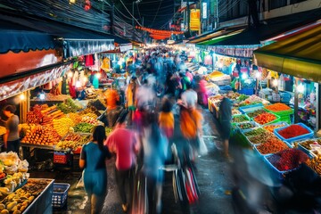Naklejka premium Crowd walking through busy night market with long exposure