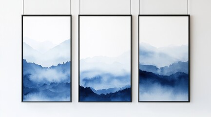 3 watercolor blue and white gradient abstract paintings on canvas