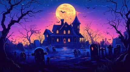 Description  flat illustration of a Halloween background with a haunted house, graveyard, and full moon on a blue-purple color background 